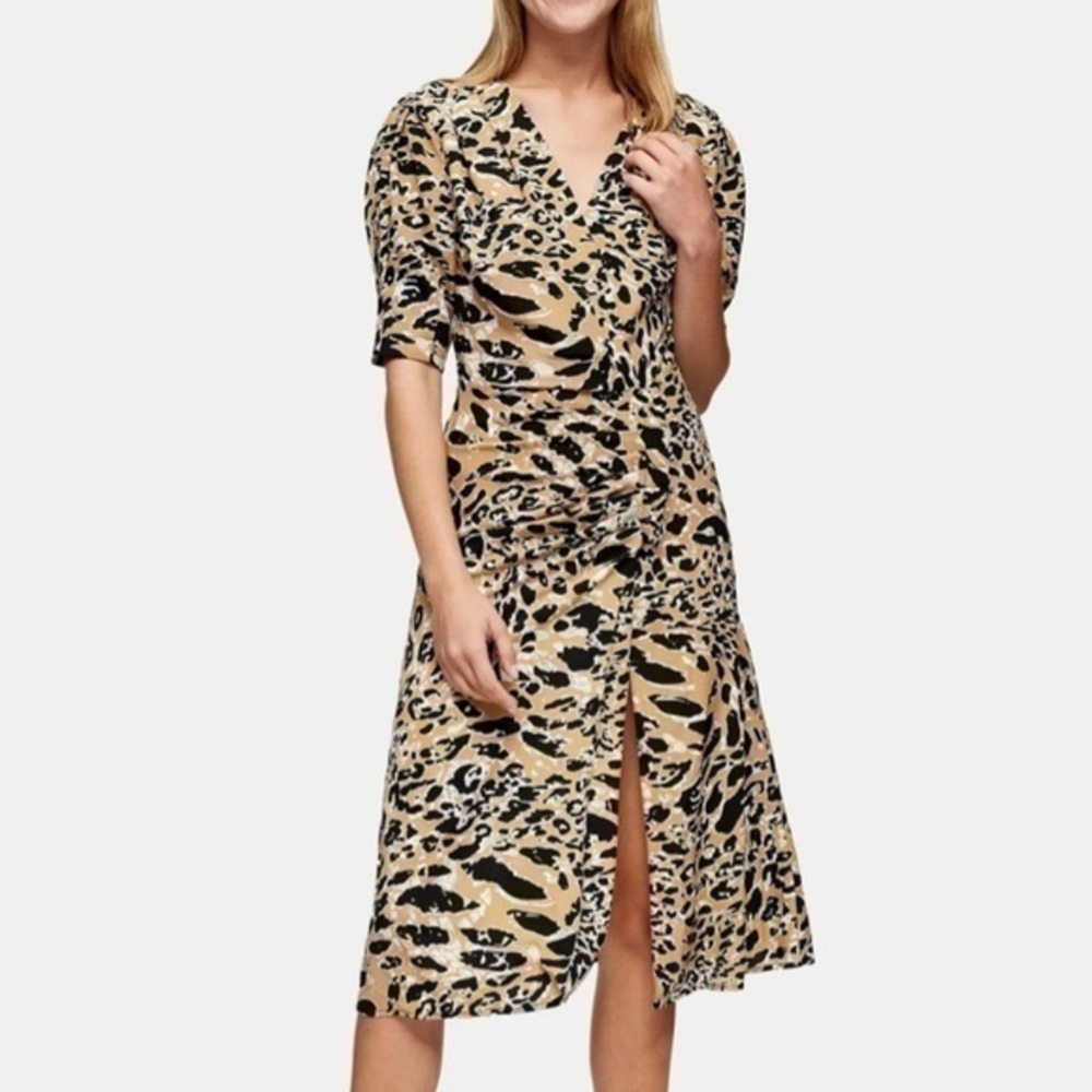Leopard Print Mock Wrap Midi Dress by Topshop